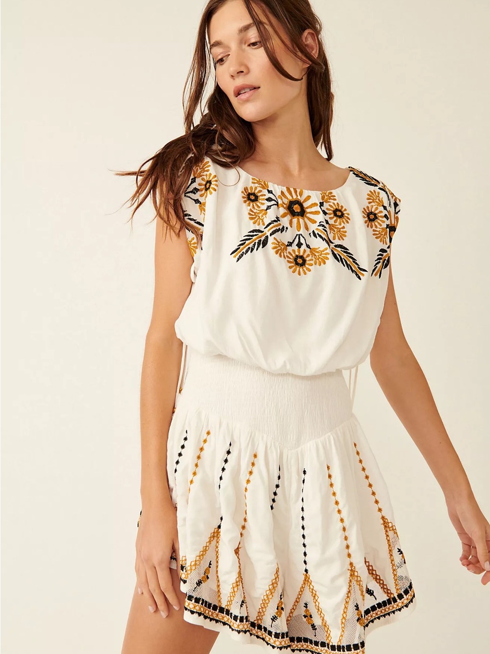 Free People Embroidered Smocked Romper Boho Vacation